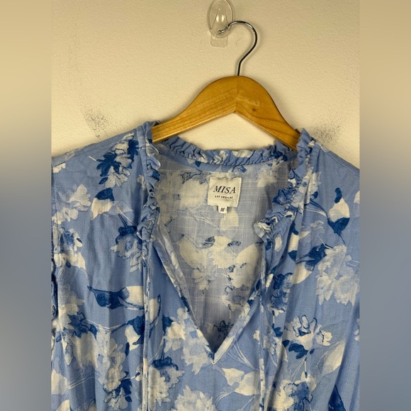 Misa Los Angeles Lilian Dress Blue Tiered Linen Floral Mini Ruffle Women’s Sz M - Picture 5 of 8